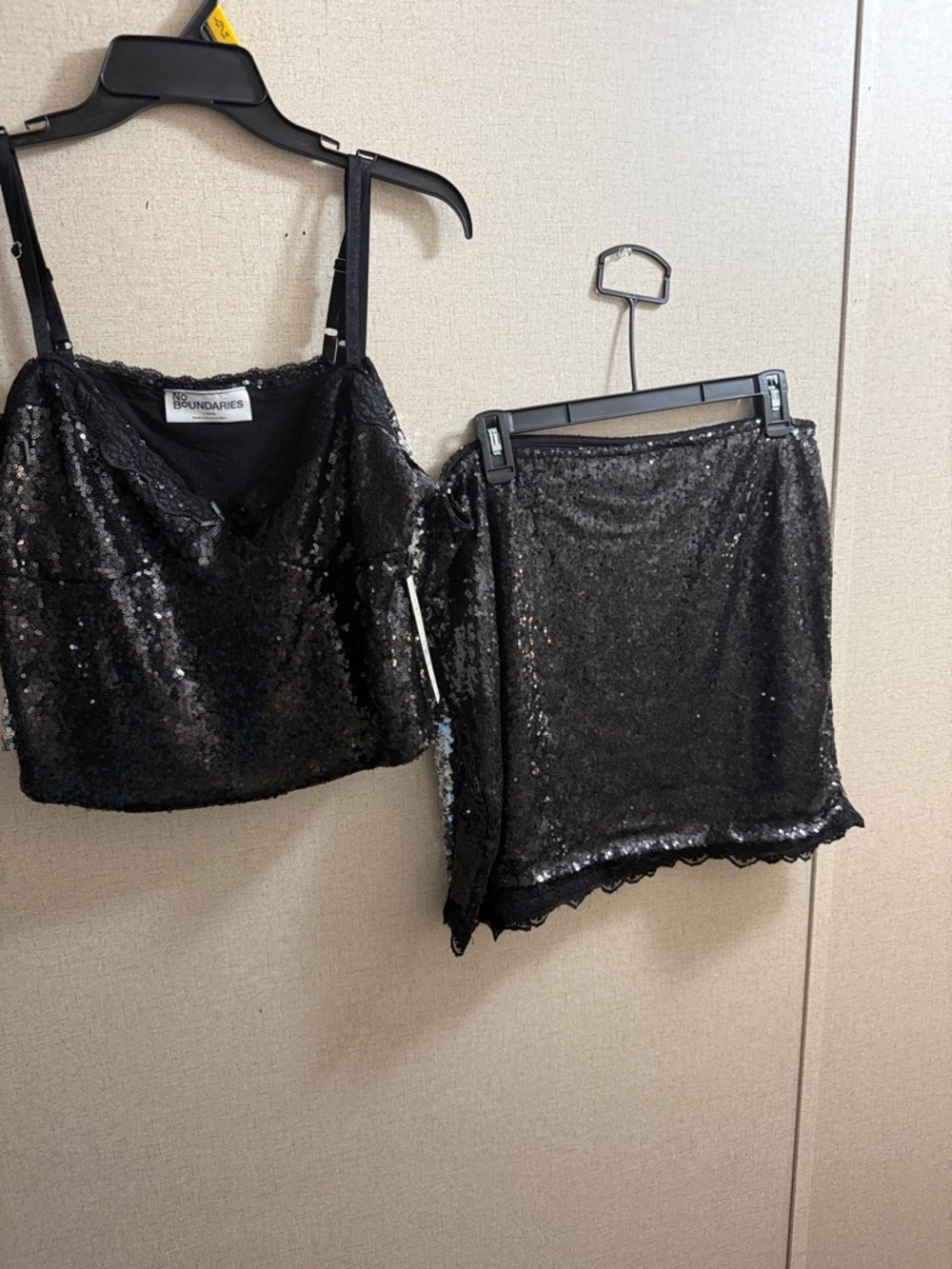 No Boundaries Black Sequin Spaghetti Strap Crop Top